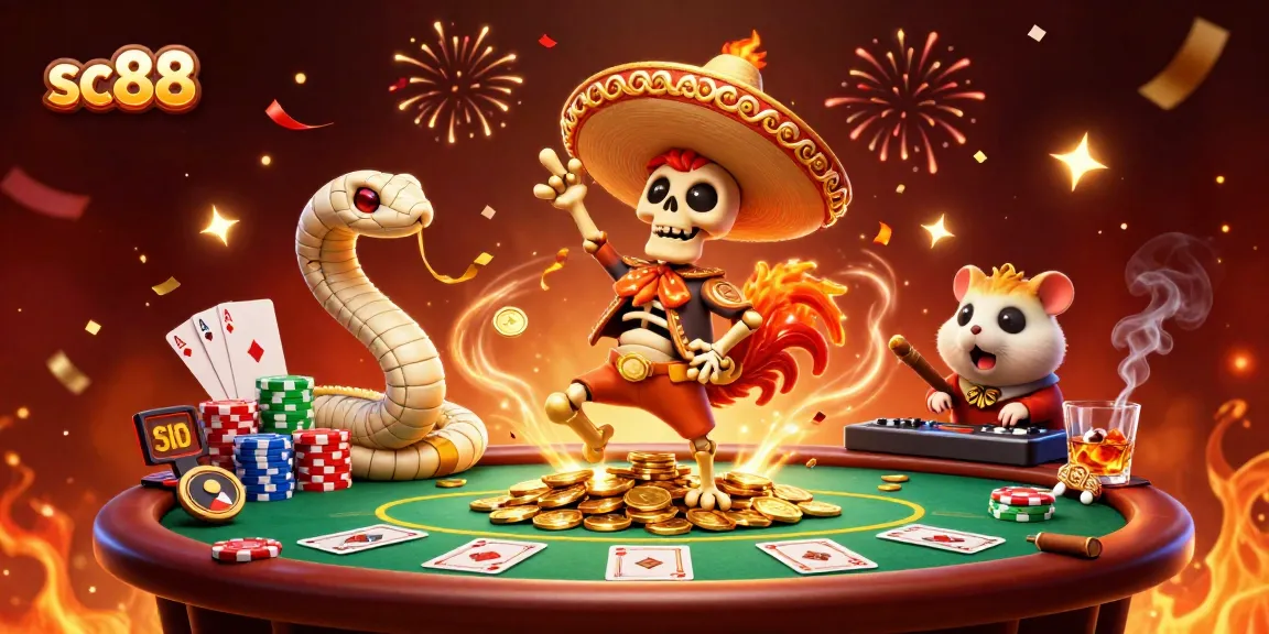 Experience the thrill of sc88 with vibrant casino characters celebrating around poker elements.