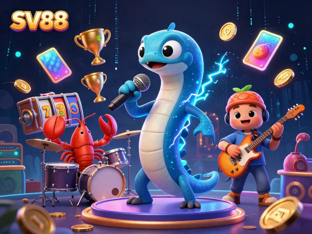 Experience the excitement of SV88 with a vibrant underwater DJ scene featuring a cartoon electric eel and band.