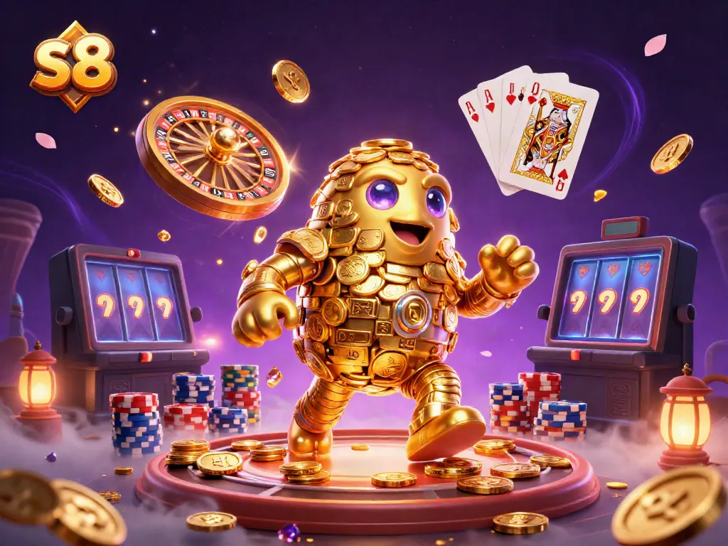 Spin to win at s8 with the golden golem amidst shimmering casino riches.