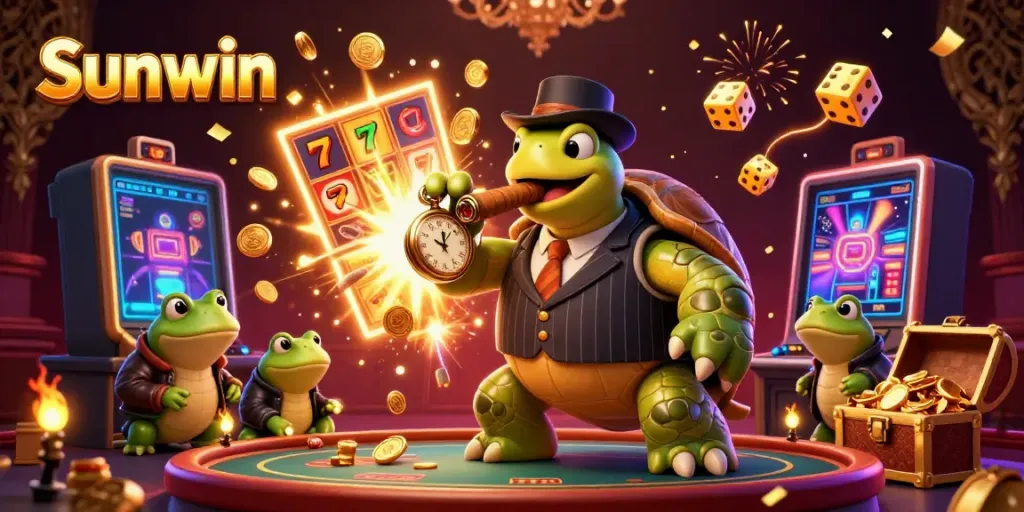 Experience the excitement of Sunwin with a dynamic scene featuring a massive turtle and bullfrog enforcers alongside a jackpot explosion of coins.