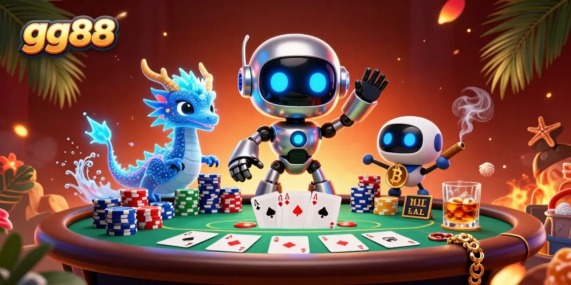 Engage with gg88's vibrant gaming scene featuring a cyberpunk robot and bitcoin companion.