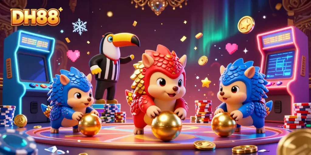 Experience the thrilling game dynamics at DH88 with action-packed rival pangolins bowling through poker chips.