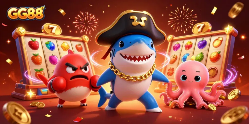 Win big at GG88 with a lively scene featuring a pirate shark and friends amidst celebratory casino elements.