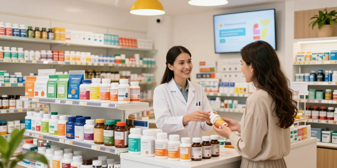 Unieke Pharma Shop met producten en vriendelijke apotheker die klanten helpt bij gezondheidskeuzes.