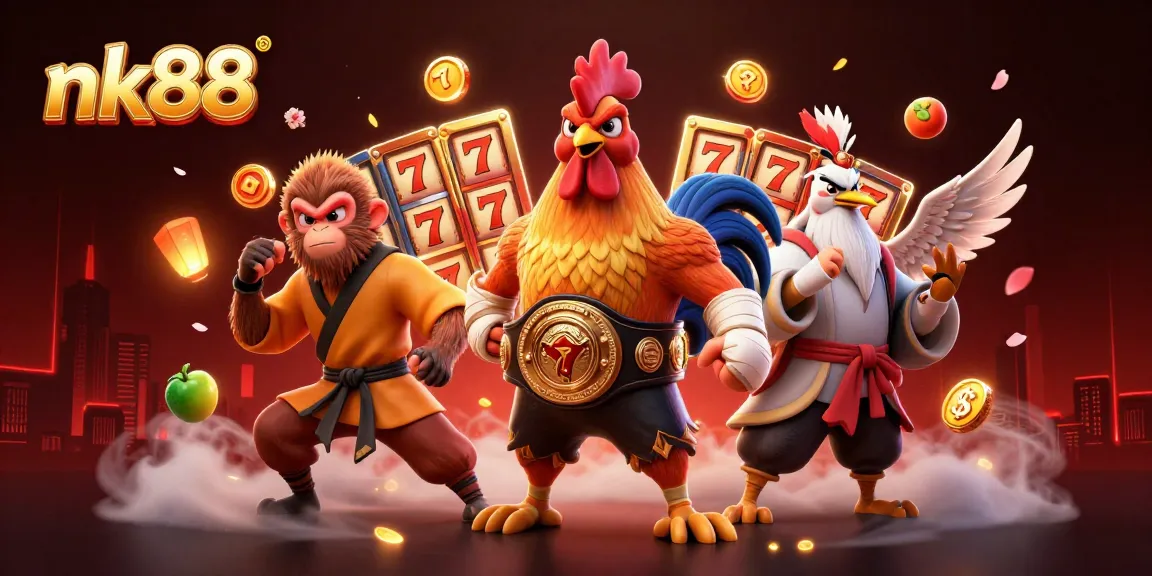 nk88 casino themed illustration showcasing a Muay Thai rooster, monkey martial artist, and crane master around slot reels.