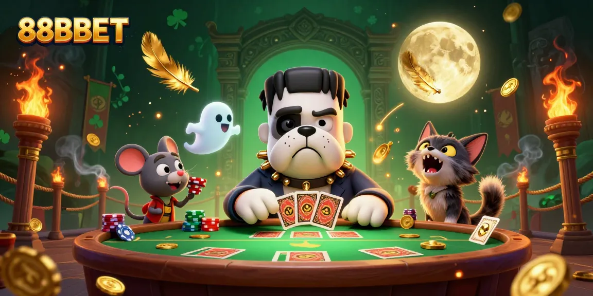 Experience thrilling play with 88BBET: cartoon characters at a spooky casino table
