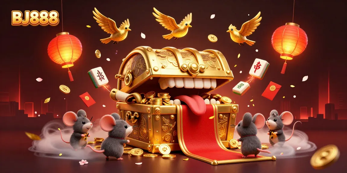 Spin to win big with BJ888 as adventure mice chase riches in a bustling casino scene.