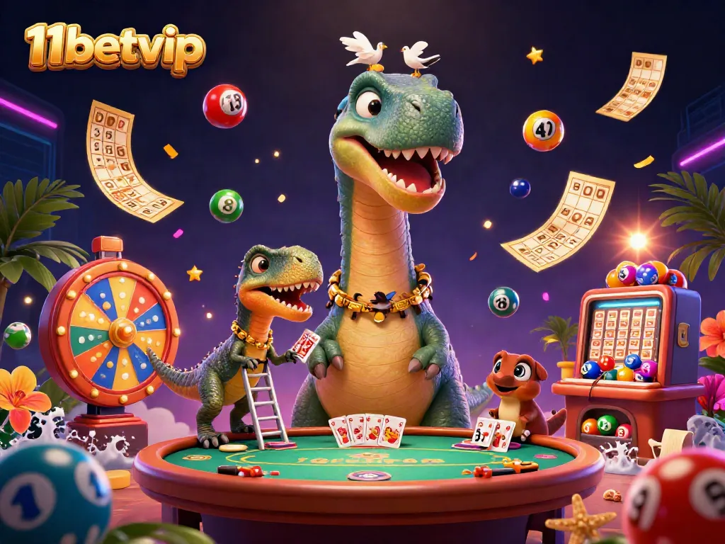 Engage with 11betvip's vibrant gaming scene featuring a brontosaurus and raptor at a lively casino table.