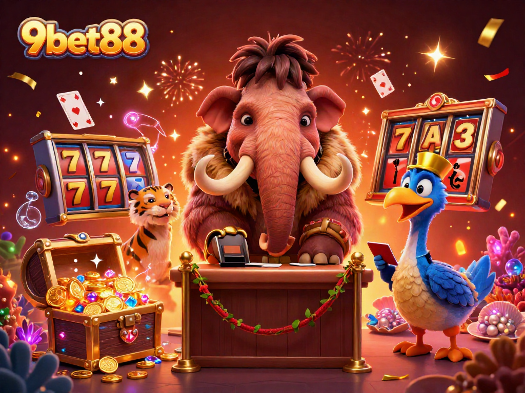 Experience the thrill of 9bet88 with a lively casino scene featuring a mammoth bouncer and vibrant games.