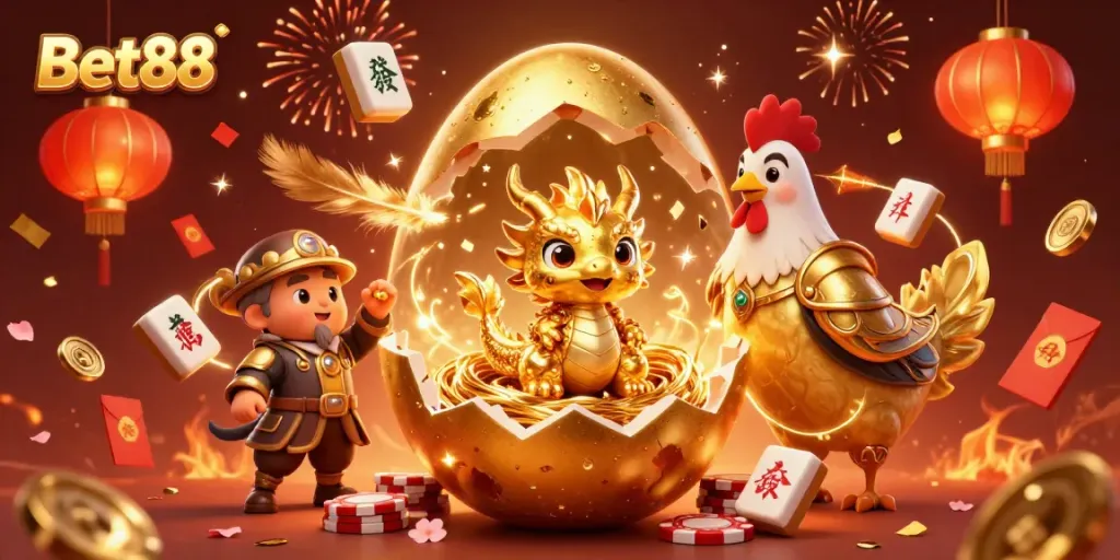 Experience thrilling gameplay at Bet88 with a dazzling golden dragon and festive casino elements.