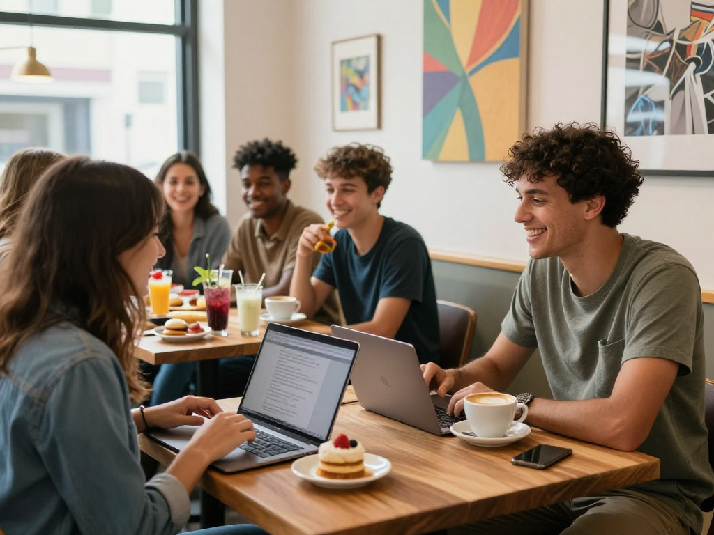 Engaging couples at https://f168.dating/ in a cozy café setting, showcasing modern dating experiences.