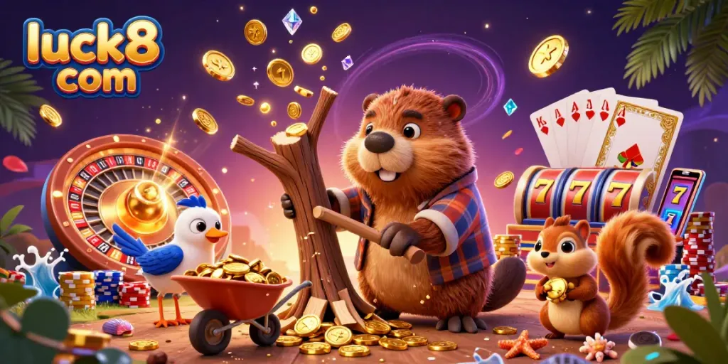 Experience thrilling fun with luck8 com in a vibrant casino scene featuring animated characters collecting gold coins.