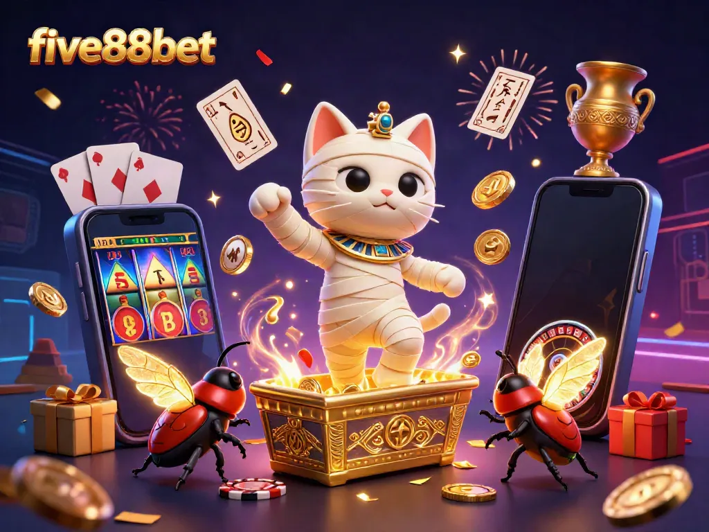 Engage in thrilling gaming action with five88bet as a mummy cat bursts from a casino sarcophagus.