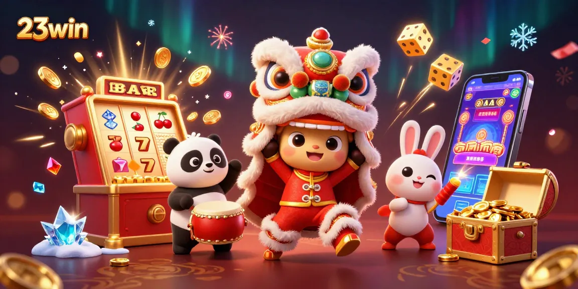 Win big with 23win in this vibrant casino scene featuring a lion dance and thrilling games.