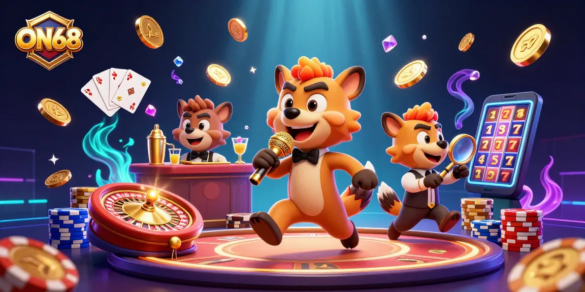 Experience thrilling gaming at ON68 casino with dynamic hyenas, golden coins, and vibrant game elements