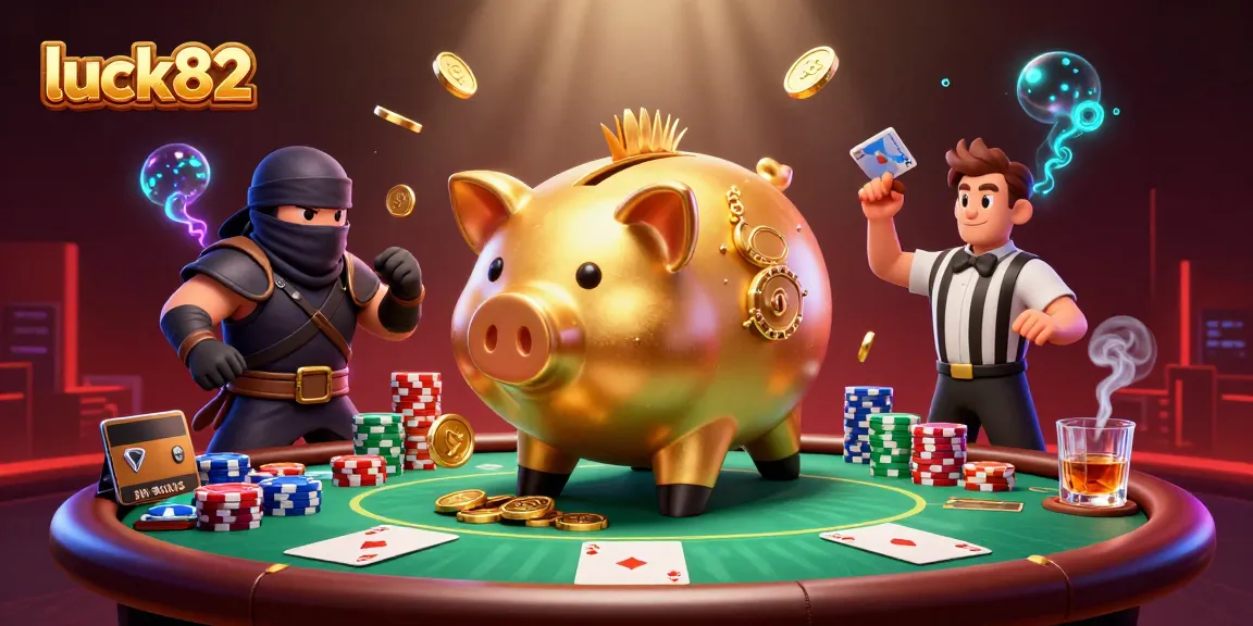 Engage with luck82 in this vibrant 3D casino scene featuring a sumo wrestler and dynamic poker elements.