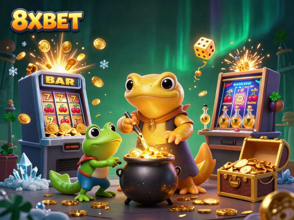 8XBET features a captivating scene of a golden salamander alchemist producing gold coins amidst casino elements.