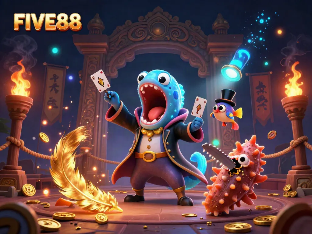 Witness the magic of FIVE88 as a bioluminescent eel performs card tricks, spotlighted by an anglerfish.
