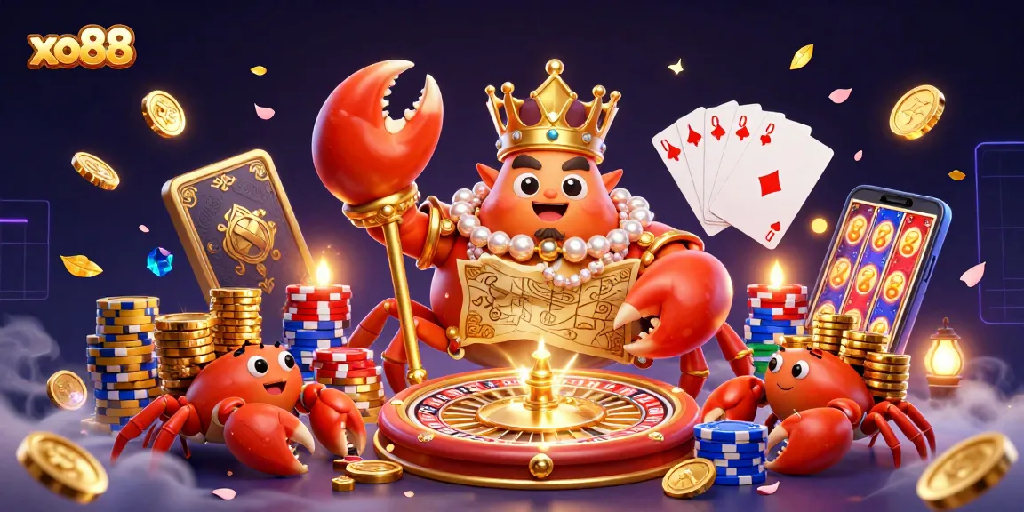 Experience the exhilarating gaming atmosphere at xo88 with a golden crab emperor theme and rich casino elements.