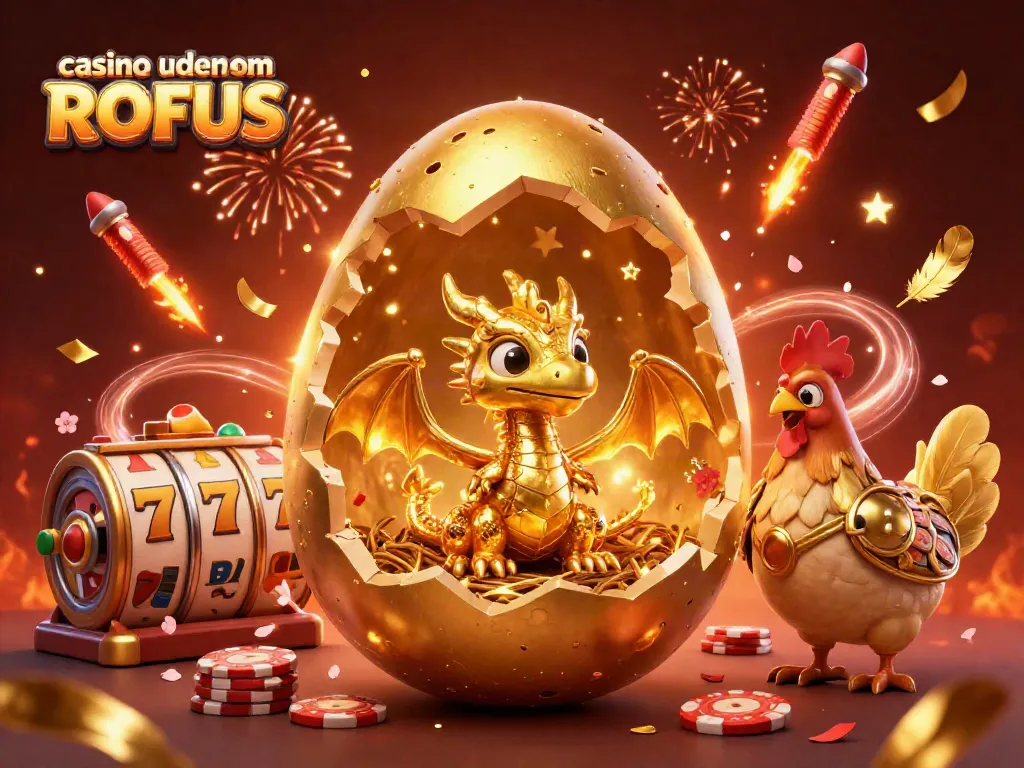 Play at casino uden om ROFUS with exclusive slots, featuring a golden baby dragon and poker chips.