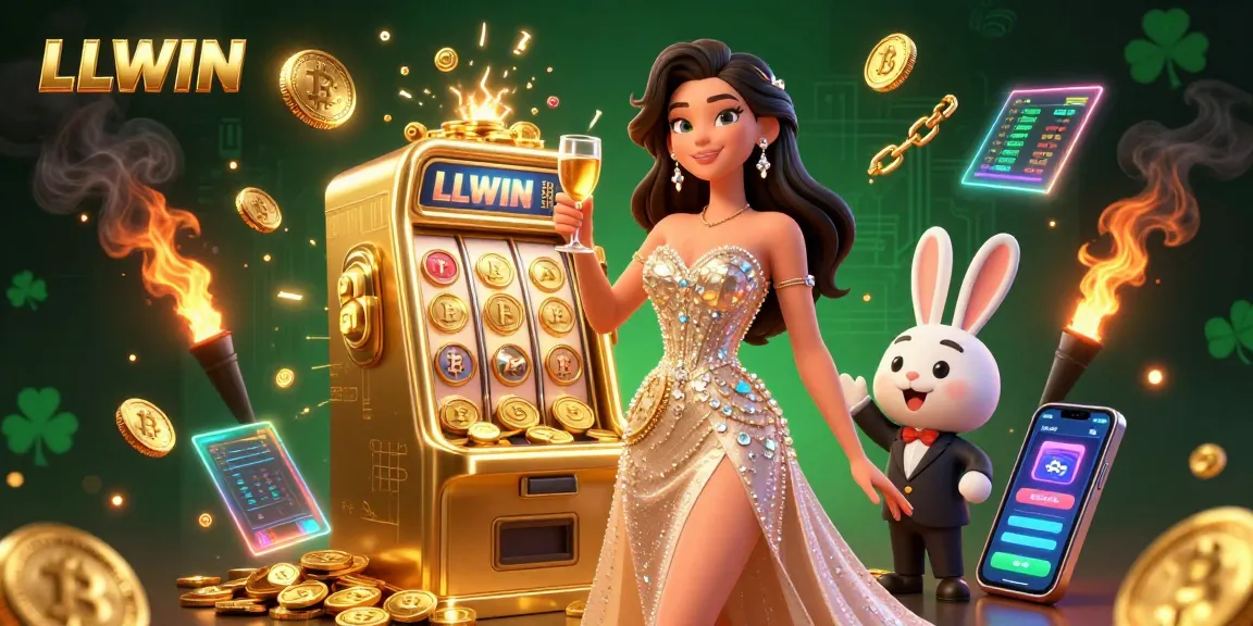LLWIN celebrates a winning moment with a glamorous character beside a jackpot slot, showcasing a vibrant casino atmosphere.