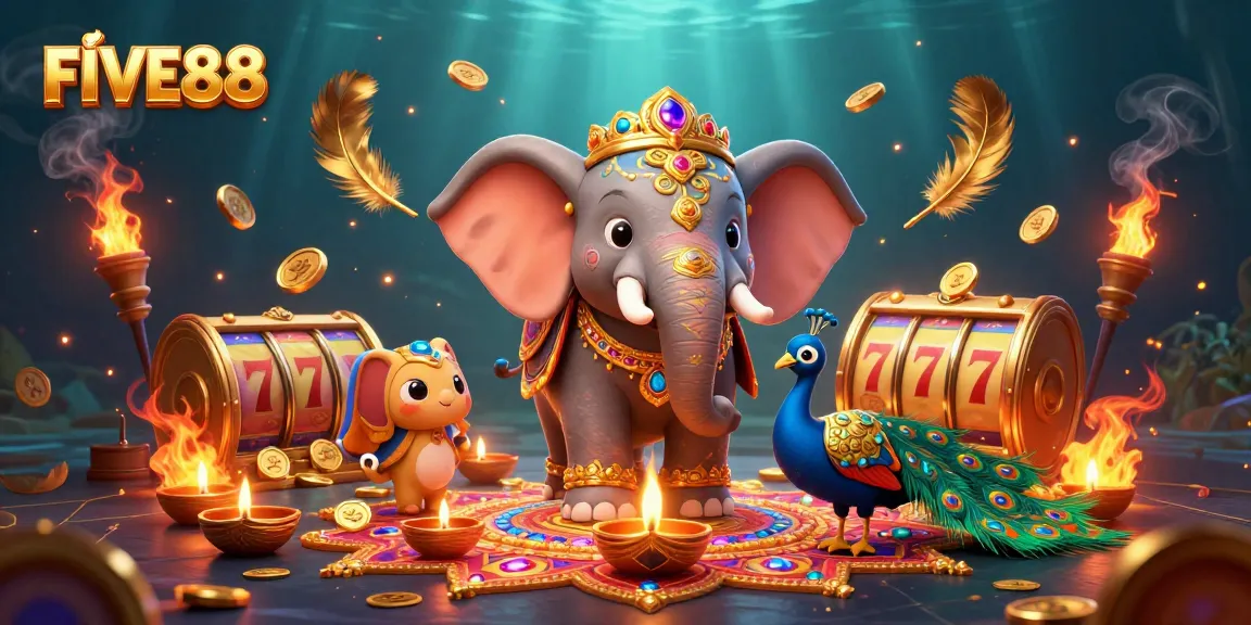 Betting with FIVE88 features an elephant and peacock amid casino elements and colorful decor.