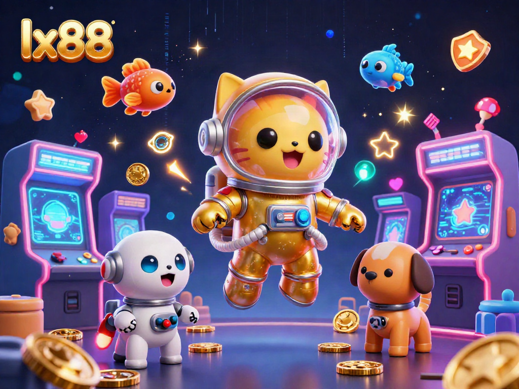 Experience exciting lx88 gameplay with a cosmic cat and a robotic dog amidst vibrant casino elements.