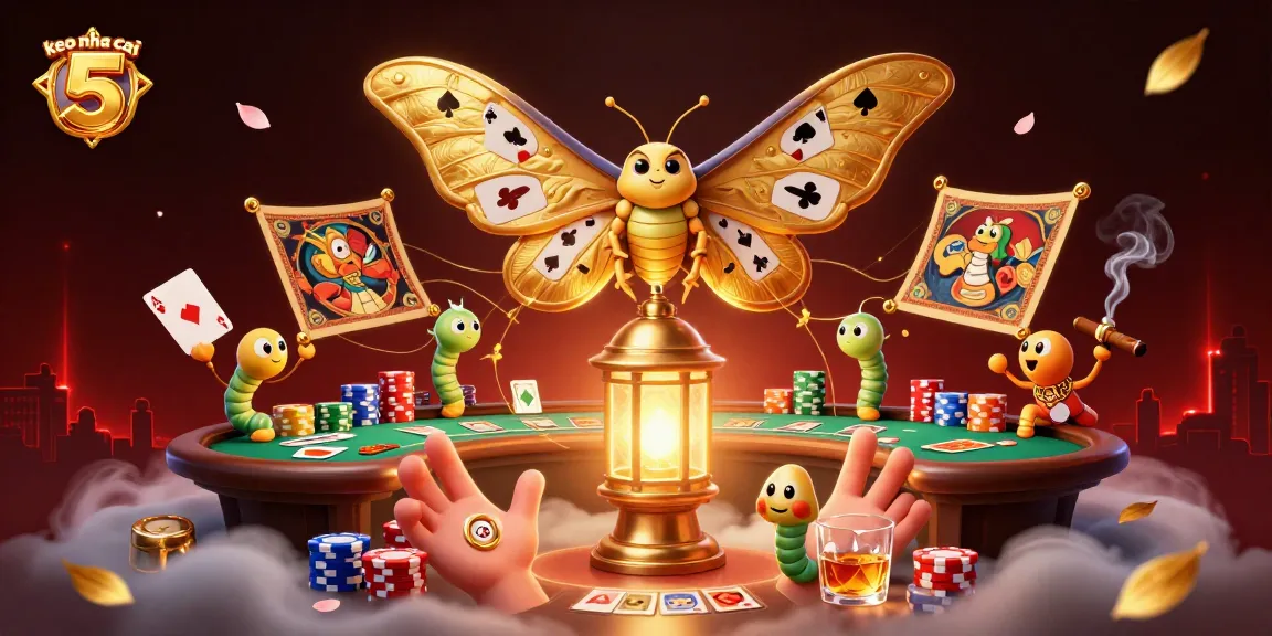 Engage in the world of keo nha cai 5 with this vibrant illustration showcasing an atlas moth and poker elements.