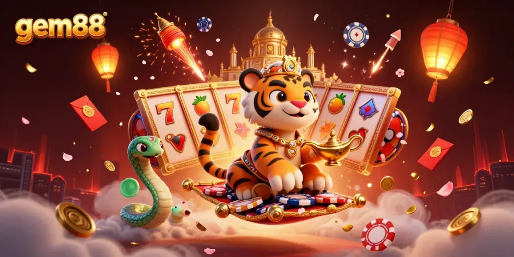 Experience excitement at gem88 with a vibrant 3D casino scene filled with captivating characters and magical elements.