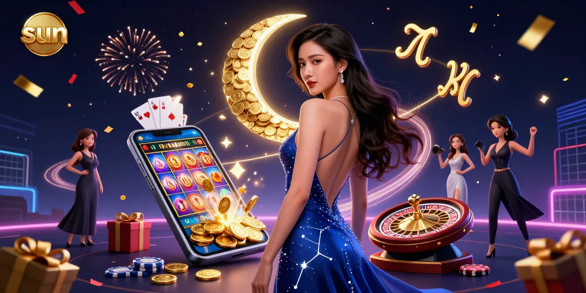 Engage with sun-themed slot gaming excitement featuring a glamorous Asian woman and vibrant casino elements.