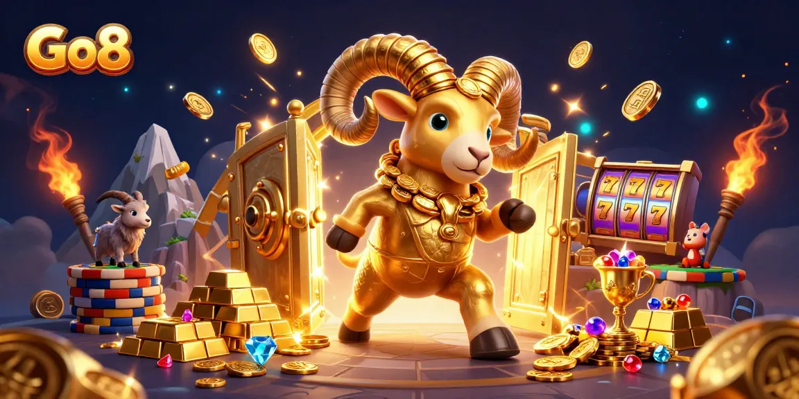 Go8 features a golden ram charging towards a treasure vault, surrounded by casino slot elements.