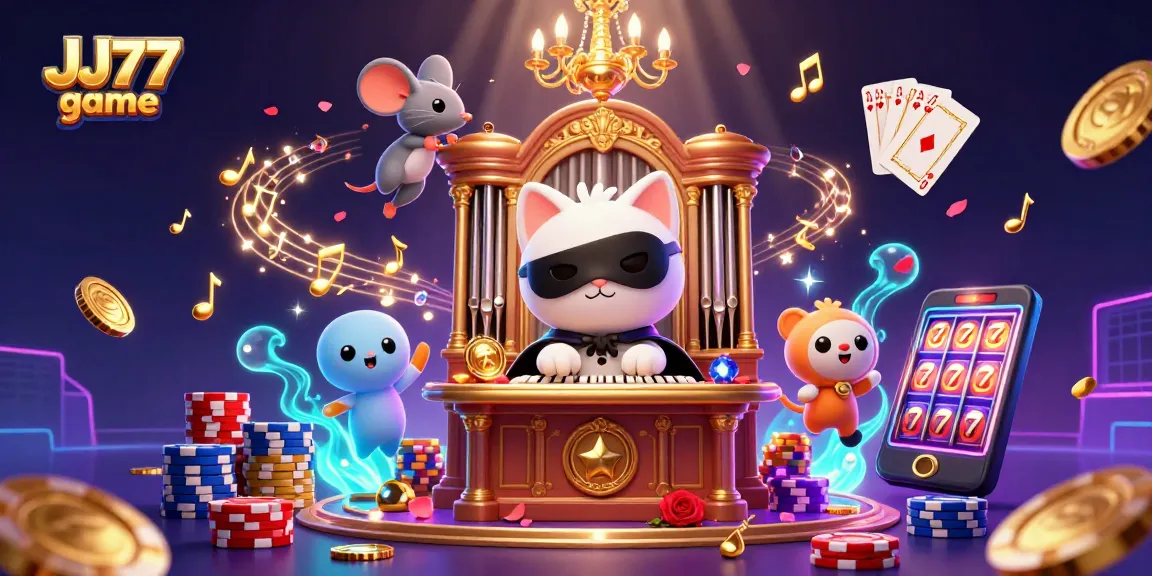 Experience the JJ77 game with a vibrant 3D illustration showcasing lively casino elements and characters.