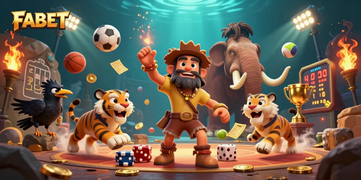 FABET highlights an energetic prehistoric casino scene filled with colorful sports elements.