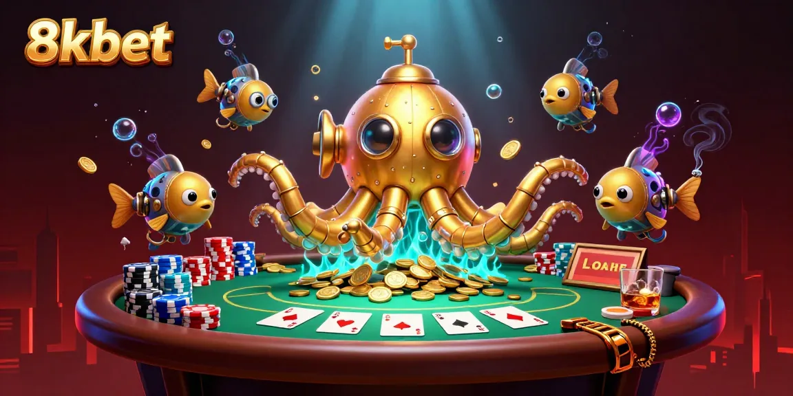 Experience thrilling bets with 8xbet while a golden kraken submarine emerges amidst poker excitement.