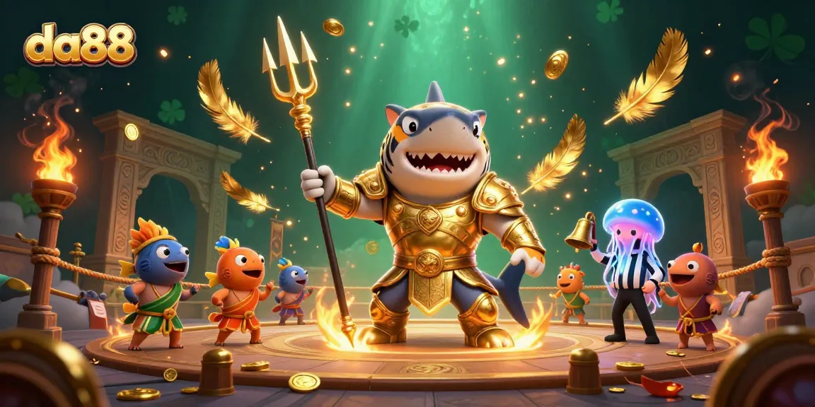 Engage with da88 in an epic underwater casino battle featuring a tiger shark gladiator.