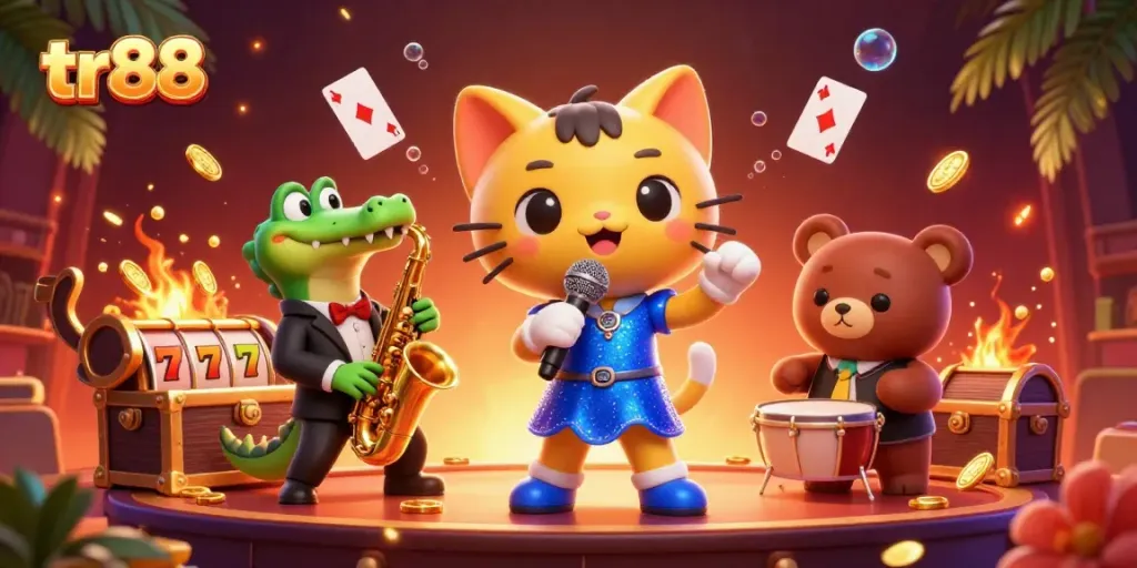Experience winning thrills with tr88's vibrant casino scene featuring a jazz cat and colorful game elements.