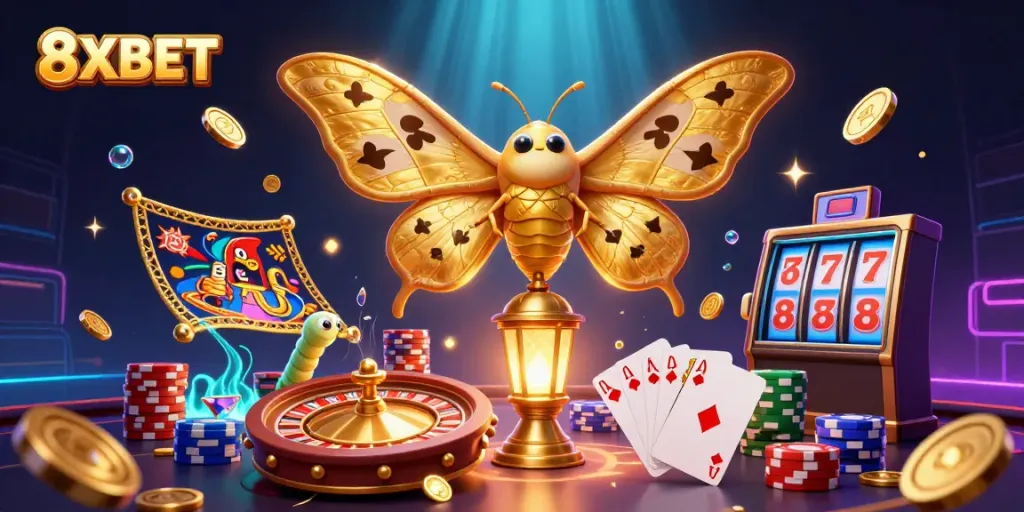 Experience the magic of 8XBET with a vibrant 3D casino scene showcasing fortune and fun.