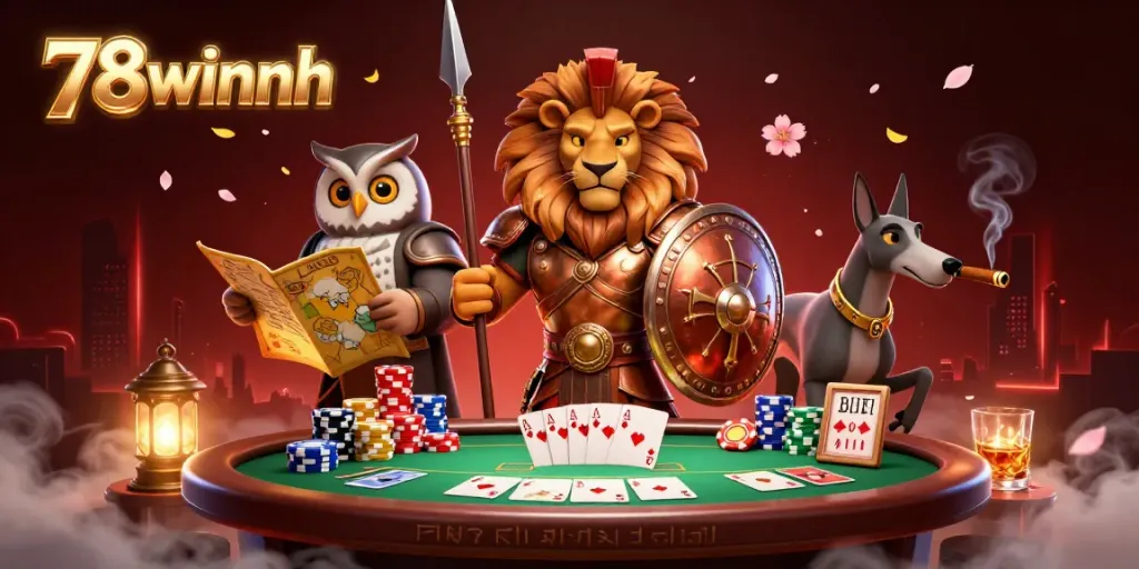 Experience thrilling poker action at 78winnh with a dynamic Spartan lion and allies surrounded by casino elements.