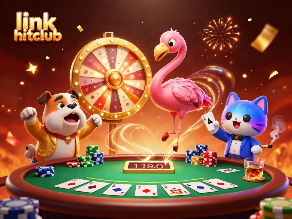 Experience the excitement of link hitclub with a flamingo game host, bulldog contestant, and prize scoreboard in a vibrant casino scene.