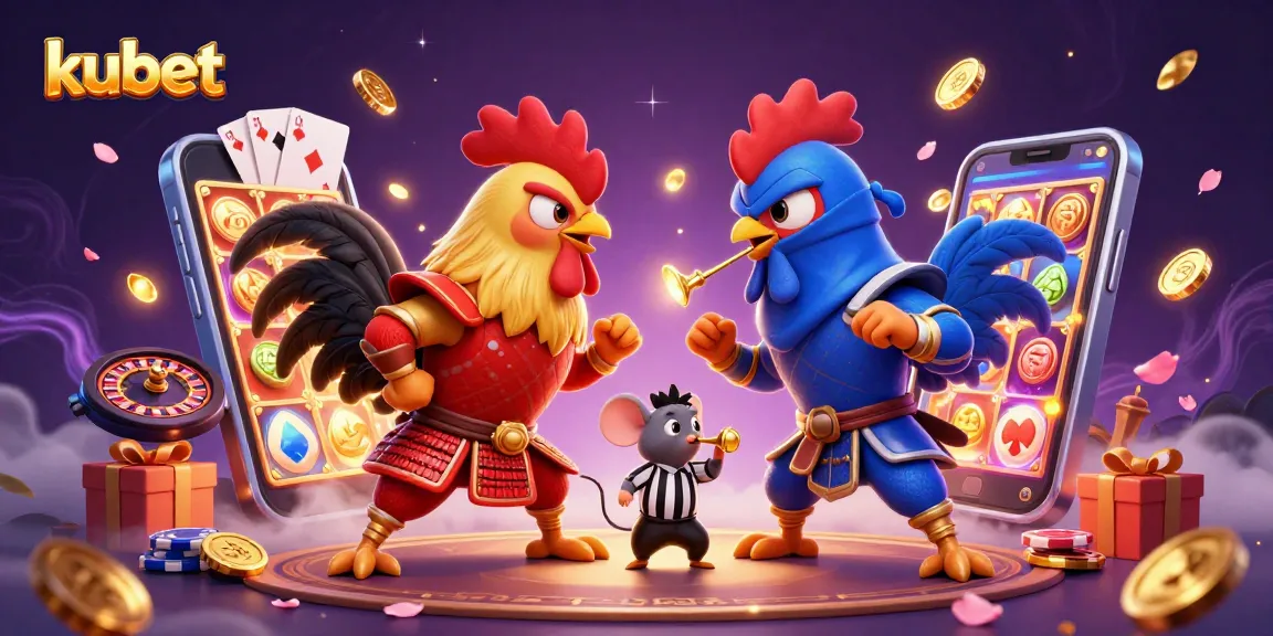 Witness the thrilling standoff at kubet with combat-ready fighting roosters amidst vibrant casino elements.