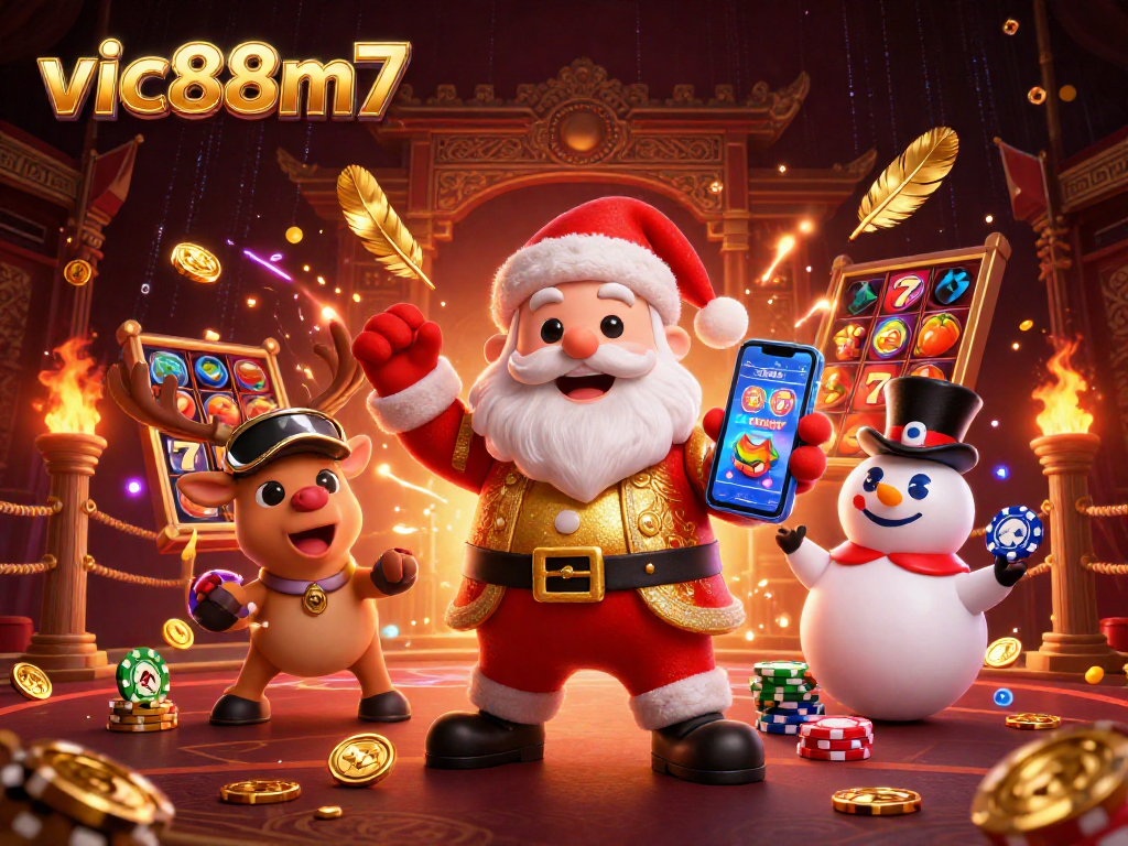 Enjoy a thrilling jackpot adventure with vic88m7's Santa and friends in a vibrant casino scene.