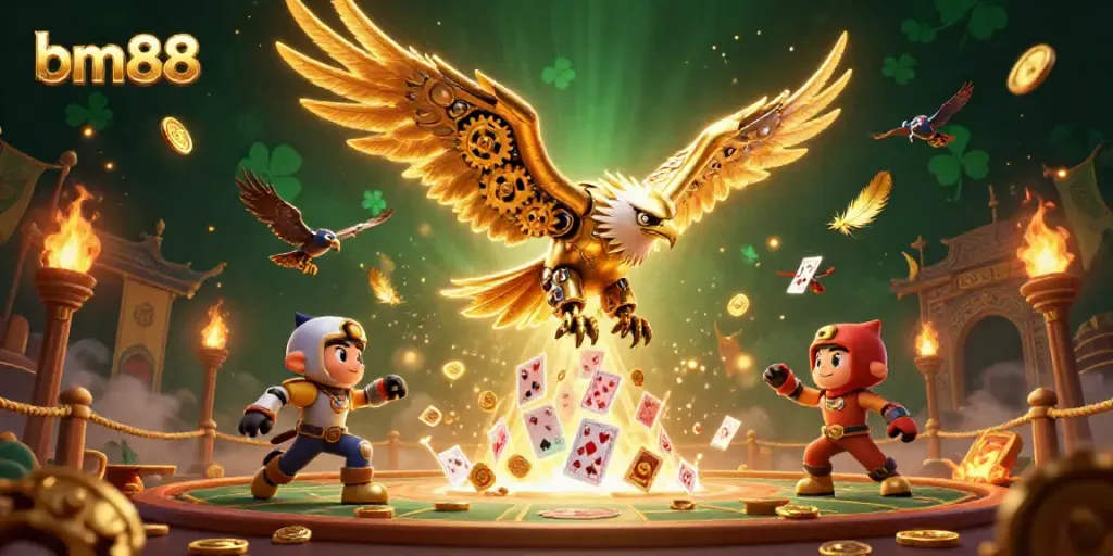 Experience thrilling games with bm88, featuring a heroic golden eagle amidst vibrant casino elements in a dynamic scene.