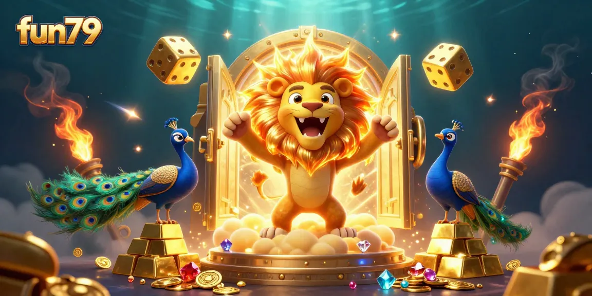 Experience fun79 with the vibrant golden treasures and festive casino elements in this captivating scene.