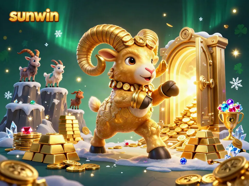 Experience sunwin's thrilling adventures with a golden ram charging through a vibrant casino atmosphere.
