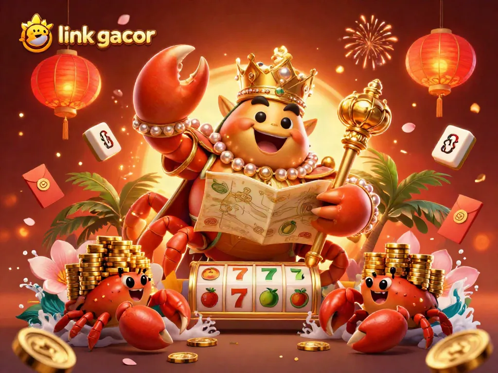 Experience the thrill at link gacor, showcasing a golden crab emperor and gaming elements in a vibrant, 3D casino atmosphere.
