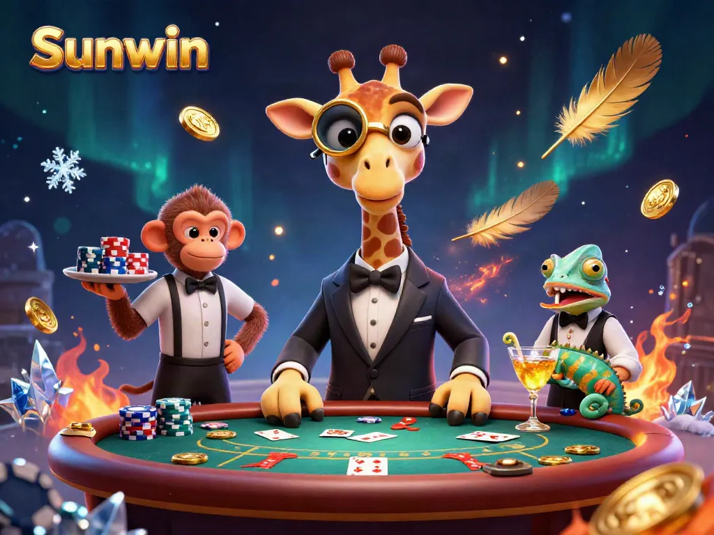 Experience thrilling poker action with Sunwin featuring a high-roller giraffe and vibrant game elements.