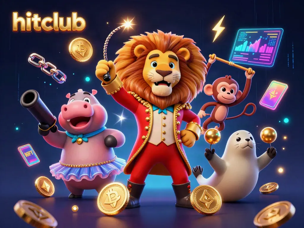Engage with hitclub's immersive gaming experience featuring lively 3D characters and crypto elements.