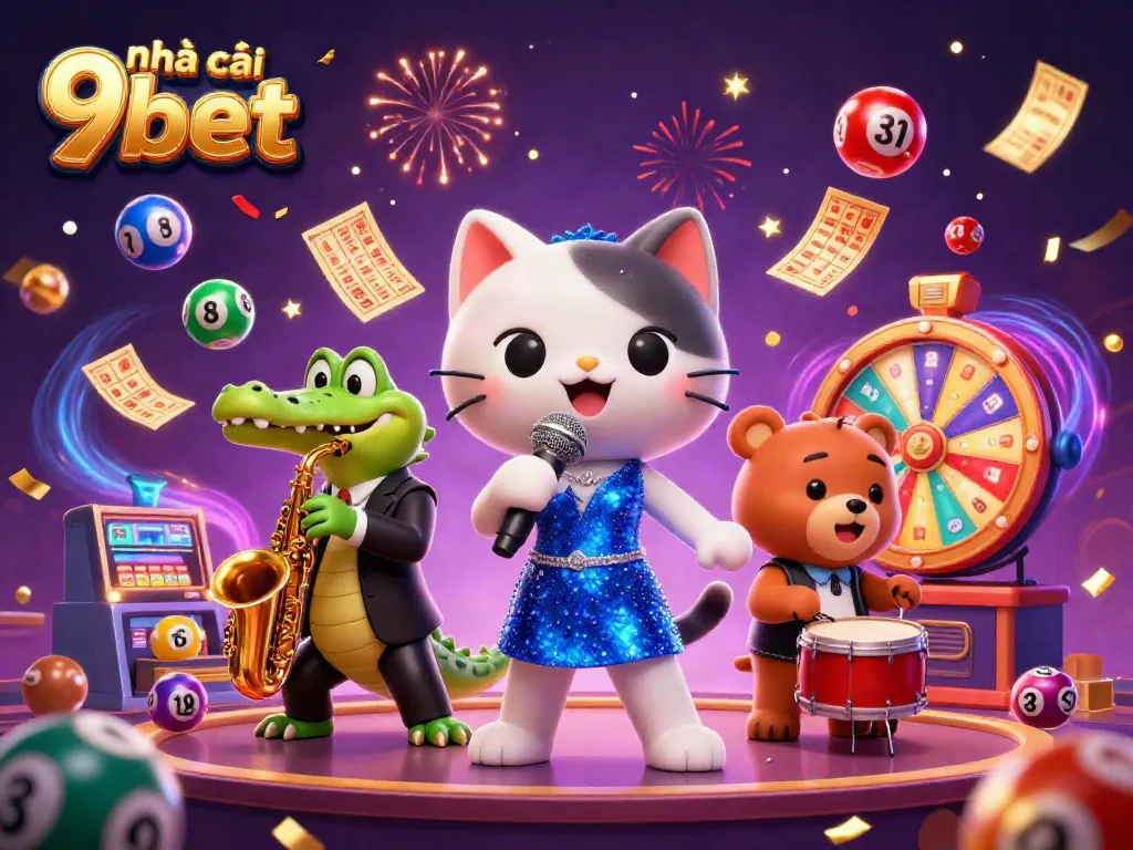 Engage with nhà cái 9bet through a vibrant 3D casino scene featuring lively characters and lottery elements.