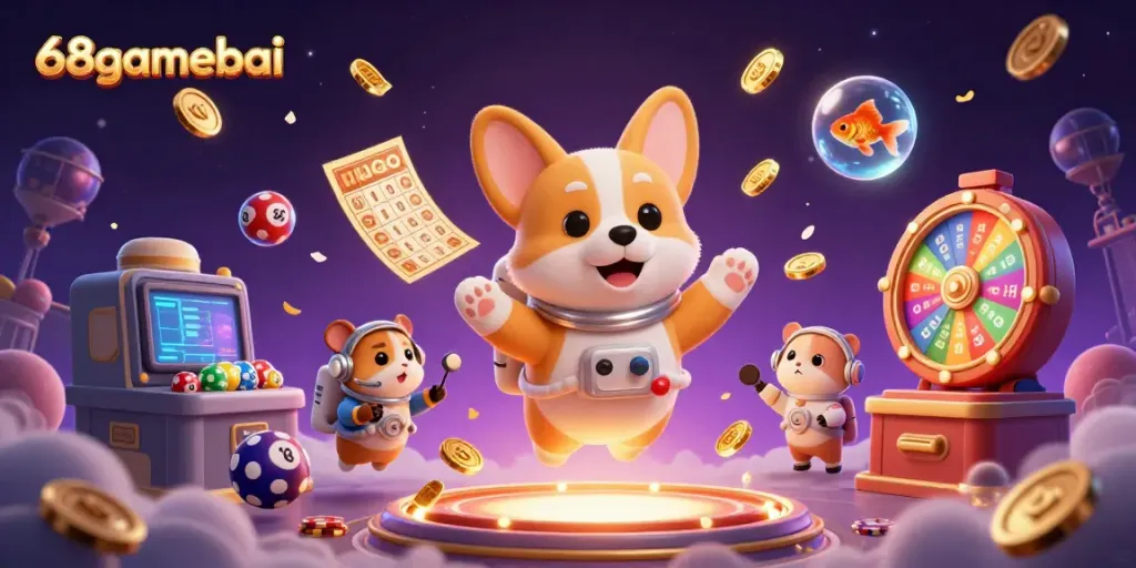 Engage with 68gamebai in a vibrant space casino illustration featuring colorful lottery balls and exciting gaming elements.