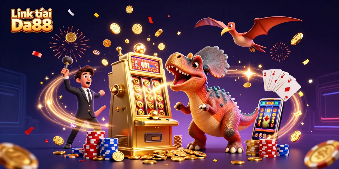 Spin the jackpot at Link vào Da88 with a pachycephalosaurus, coins flying everywhere!
